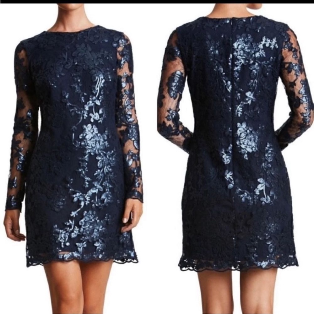 Dress The Population Large Grace Sequin Lace Dress Blue Long Sleeve Wedding Glam